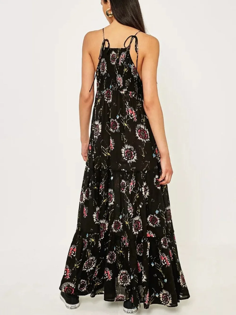 Free People Intimately Garden Party Maxi Dress Tiered Black Floral Boho size M